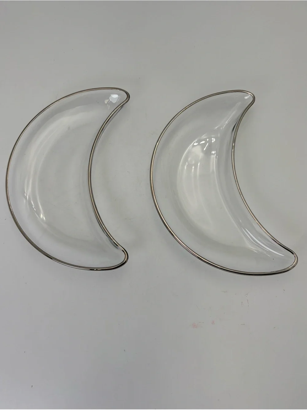 Pair of Vintage Clear Crescent Moon Glass Dishes with Silver Rim